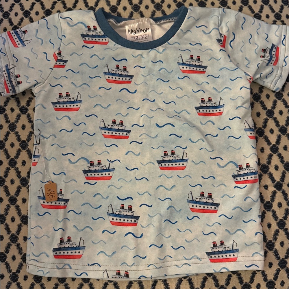 Light Blue Short Sleeve Kids Ship-Print Tee